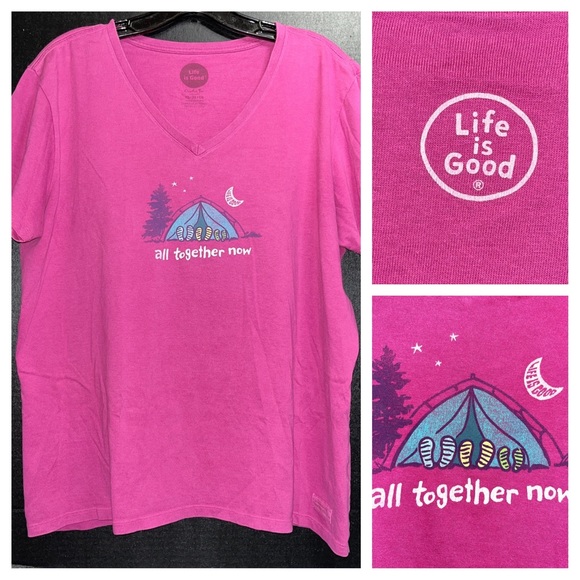 ποΈ Life is Good t-shirt, V-neck, 100% cotton, dark pink/fuchsia, camping theme - Picture 1 of 9